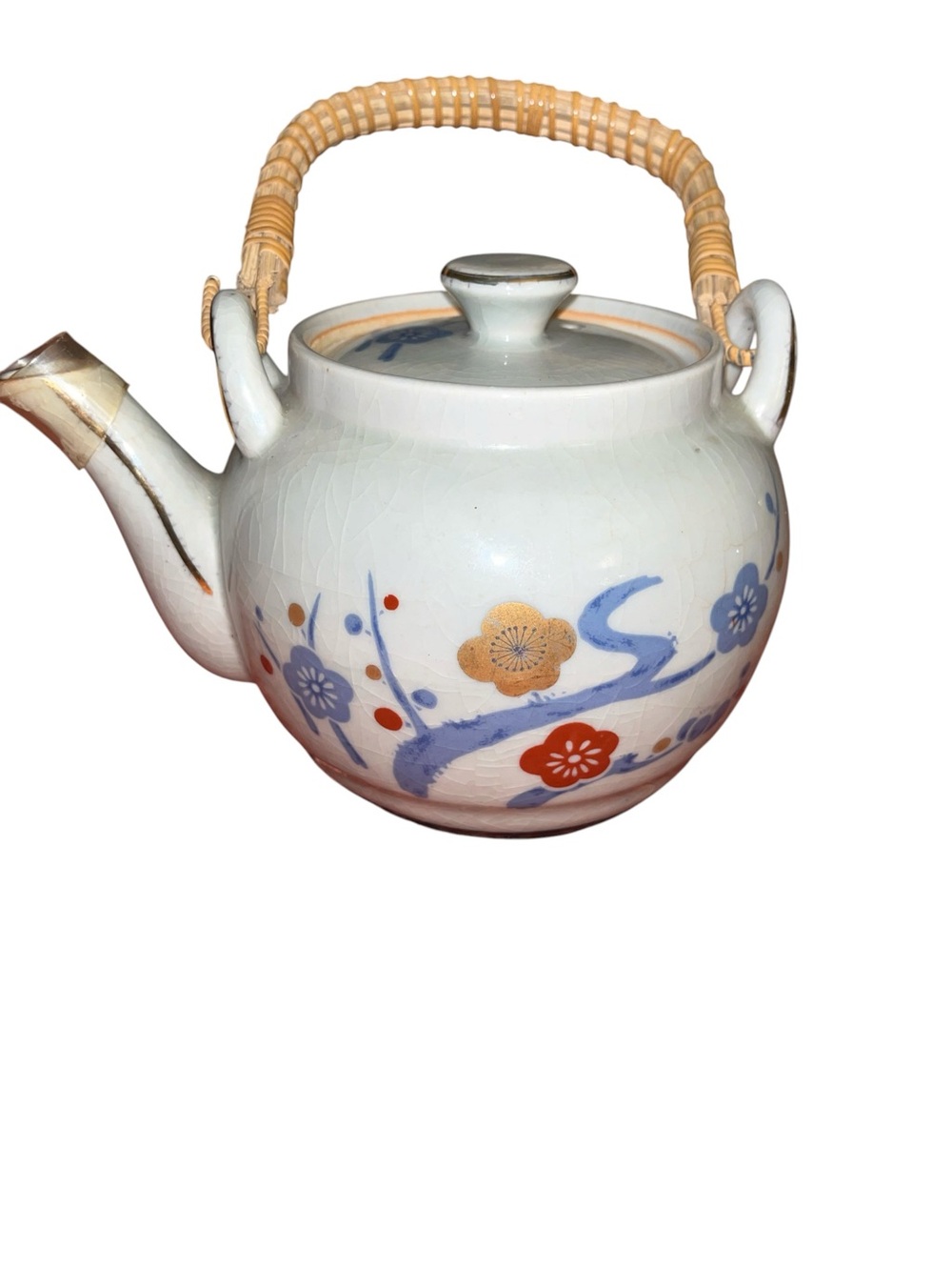 Vintage Japanese Hand-Painted Ceramic Floral Teapot with bamboo handle
